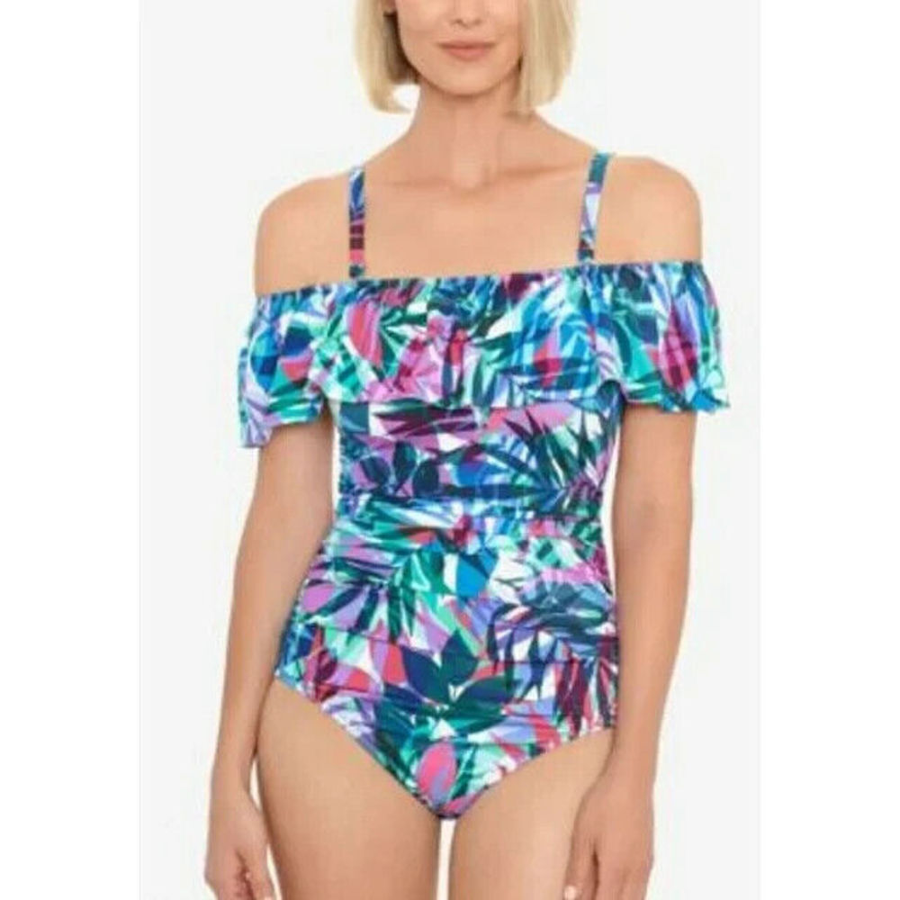 Swim Solutions Shirred Front Tummy Control Ruffle One Piece Swimsuit 18 New